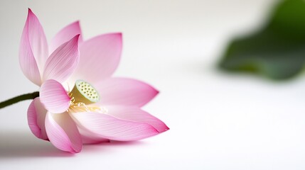 Fototapeta premium Pink lotus flower rests gently on white background, alongside a leaf