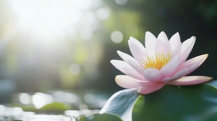 Fototapeta premium Pink water lily blossoms in sunlight. Serene pond scene