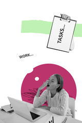 Vertical collage picture of black white colors arm hold work tasks clipboard tired girl use laptop...