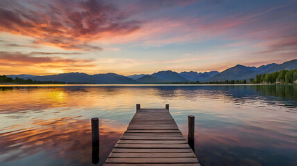 Obraz premium sunset on the lake, A serene lake reflecting a colorful sunset, with a wooden dock extending into the water and mountains in the background