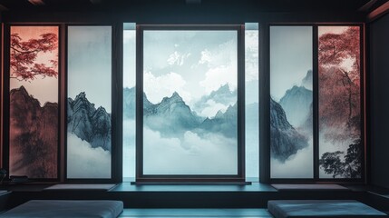 Serene interior view showcasing a tranquil landscape through elegant glass panels, enhancing relaxation and harmony