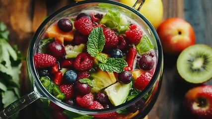 Fresh fruit salad with vibrant colors including berries, melons, and mint in a glass bowl on a wooden table