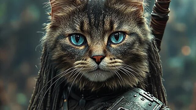 Warrior cat with dreadlocks in a mystical forest setting