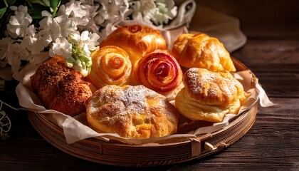Rustic Table Setting with a Tray of Pastries and Vibrant Flowers for Mother&rsquo;s Day