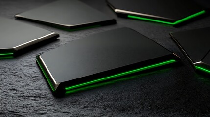 Futuristic Black Panels with Neon Green Accent Lighting on Stone Surface