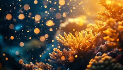 Fototapeta premium Vibrant golden coral reef illuminated by sunlight, showcasing intricate details and sparkling particles in the water. Underwater scene.