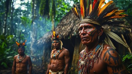 Fototapeta premium Indigenous men in traditional attire, Amazon rainforest setting