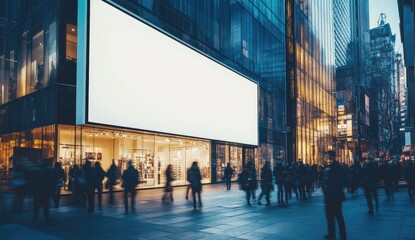 Busy city street scene, large blank billboard in front of retail store