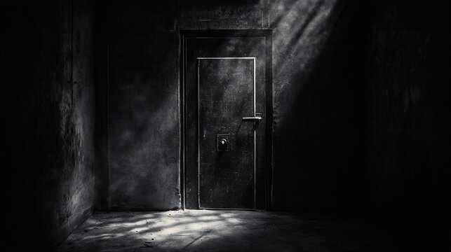 Dark room with a mysterious metal door and light beams.