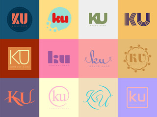 KU logo company template. Letter k and u logotype. Set different classic serif lettering and modern bold text with design elements. Initial font typography.