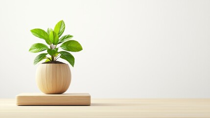 Fototapeta premium Rustic charm, vibrant green plant in a wooden planter on cozy table setting 
