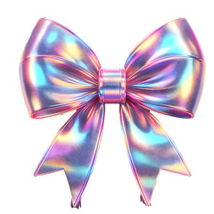 3D render of a bow on a transparent background. Holographic sparkling element in Y2K style. Liquid chrome, vintage girly accessory in pastel pink color, icon, metal surface