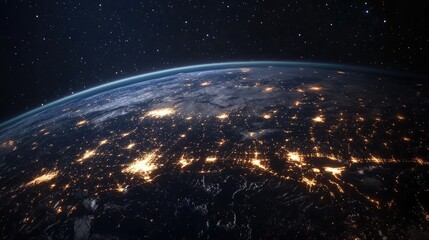 Obraz premium Aerial view of Earth at night showcasing illuminated cities and natural landscapes under a starry sky