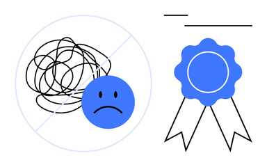 Tangled lines crossed out near sad face alongside a blue award ribbon. Ideal for problem-solving, clarity, mental health, motivation, success, goals, productivity. Flat simple metaphor