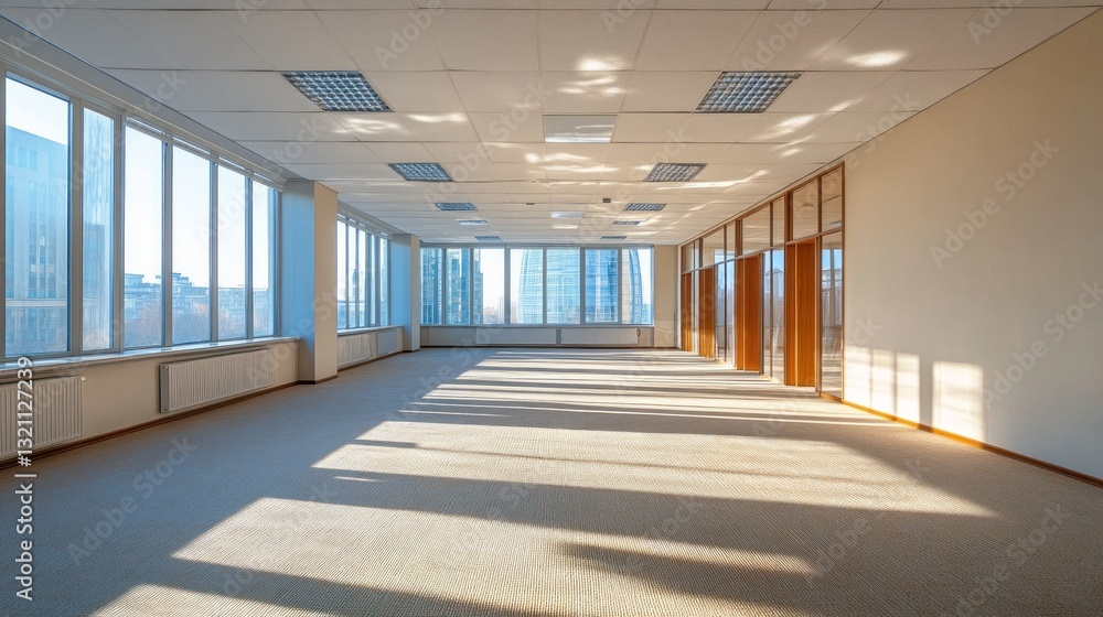 Poster Sunlight streams through large windows, illuminating a vacant office space. The minimalist design highlights the potential for creative workspace arrangements