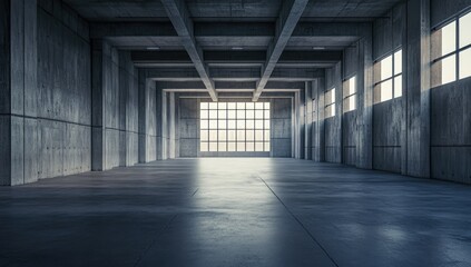 Empty industrial concrete space.  Sunlight streams through large windows