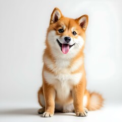 A young, fluffy Shiba Inu dog with a reddish-orange coat and pointed ears sitting and looking directly at the camera with a happy, open-mouthed expression