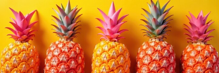 Fototapeta premium Close-up, pink painted pineapples, sunny yellow, sweet, macro