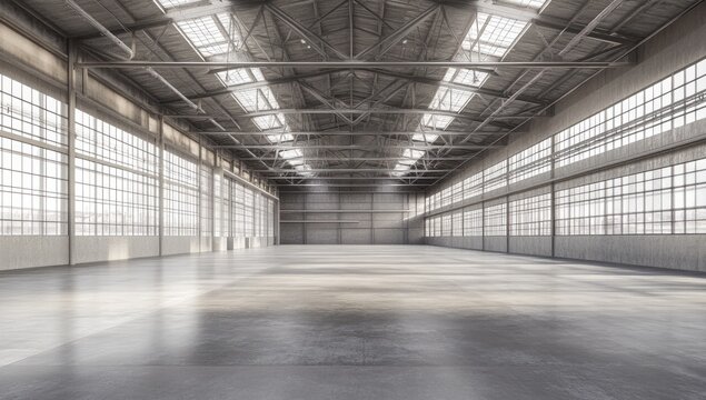 Empty industrial warehouse interior.  Spacious, modern, and well-lit.  High ceilings and large windows.  Ready for customization