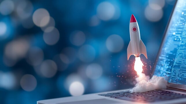 Rocket launching from laptop screen, symbolizing fast digital growth