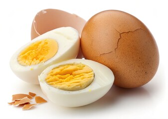 Hard-boiled eggs with cracked shell on white background