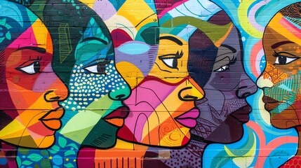 A colorful mural of four women's faces.