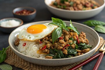 Thai basil chicken with rice and fried egg