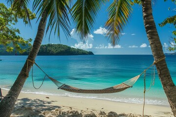 Hammock sways gently between palm trees on a tranquil beach, offering a perfect escape by the blue water.