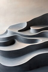 Soft ripples and wind-sculpted formations enhance the minimalist elegance of a charcoal desert landscape, where rolling dunes stretch into a soft haze at sunset
