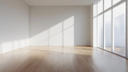 Obraz premium Empty room with large window, natural light, hardwood floor