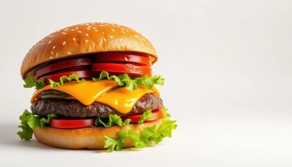 Giant juicy hamburger on pure white background, beef, texture