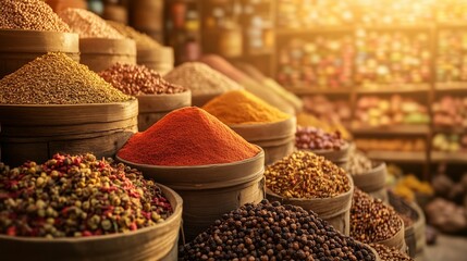 Bustling Arab Souk Alive with Merchants Selling Spices and Fabrics, Vibrant Colors, and Warm Golden Sunlight Amidst Traditional Middle Eastern Architecture