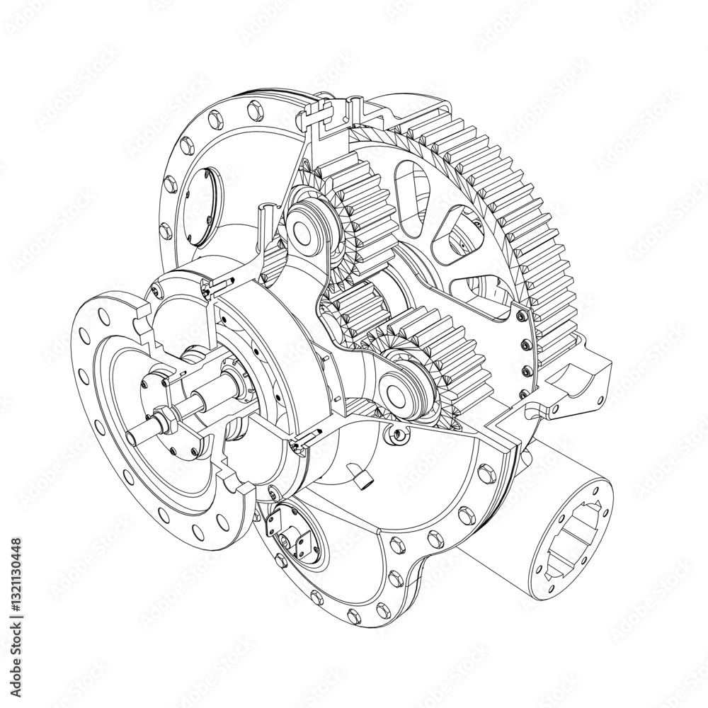 Poster a mechanical device with a gear system. the gears are visible and the device is in a black and white