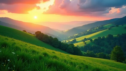 Fototapeta premium Rolling hills, lush green valleys, misty sunrise, image, serene