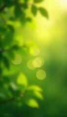 Fototapeta premium Soft, dreamy green and gold bokeh circles Blurred leaves and sunlight , backdrop, texture