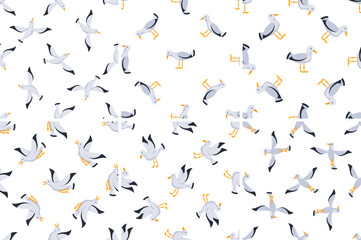 Seamless pattern with seagulls flying and walking on white background