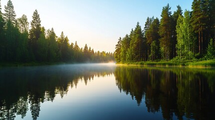 Obraz premium Serene sunrise over calm lake, mirrored in still water, flanked by lush forest