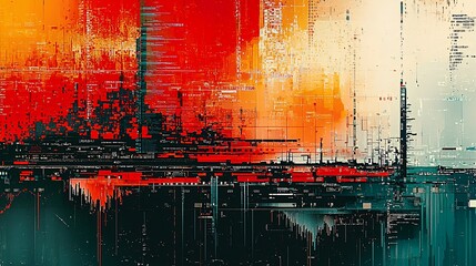 Painting of a city skyline with buildings and abstract glitch art depicting stock market data