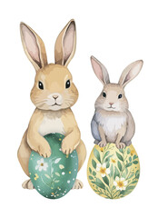 Two cute Easter fluffy bunnies with colored dyed eggs. Watercolor drawing on white background.