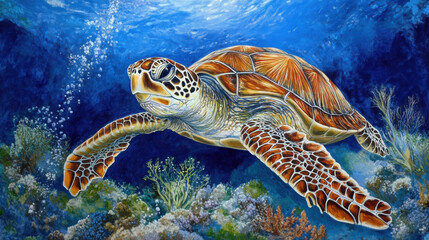 Fototapeta premium Sea turtle swimming in colorful coral reef ocean scene. Oil, pastel painting