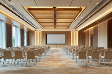 Modern conference hall with rows of beige chairs.  Spacious and well-lit meeting room with a large screen