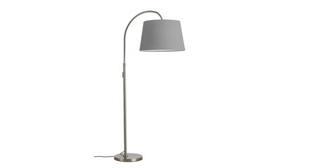 A floor lamp with a gray fabric shade, white background