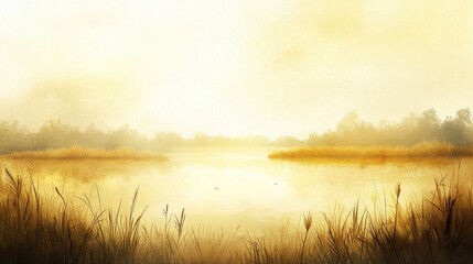 Fototapeta premium Tranquil sunset lake painting with reeds and trees, a serene nature escape
