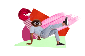 Artwork magazine collage picture of funky carefree guy eye instead of head having fun isolated drawing background