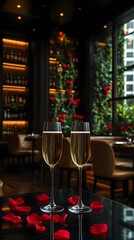 Champagne flutes, romantic dinner, restaurant, rose petals