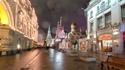 Winter view of Nikolskaya street timelapse hyperlapse in Moscow,Russia.