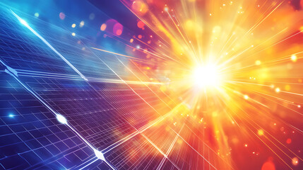 Obraz premium Vibrant abstract design incorporating sun rays, solar panels, and energy waves, representing the dynamic nature of modern clean energy solutions.