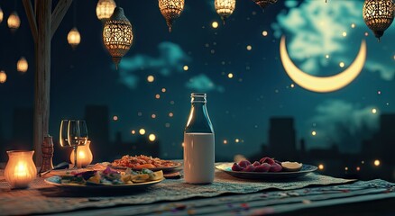 Nighttime dining under decorative lanterns, a bottle of milk, and a festive spread
