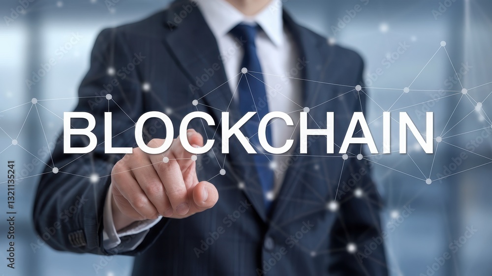 Poster blockchain technology: businessman interacting with digital blockchain network