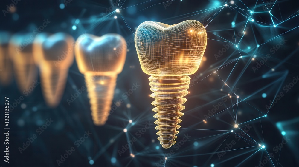 Poster Dynamic abstract background with glowing golden waves representing the healing process of dental implants with futuristic light streaks